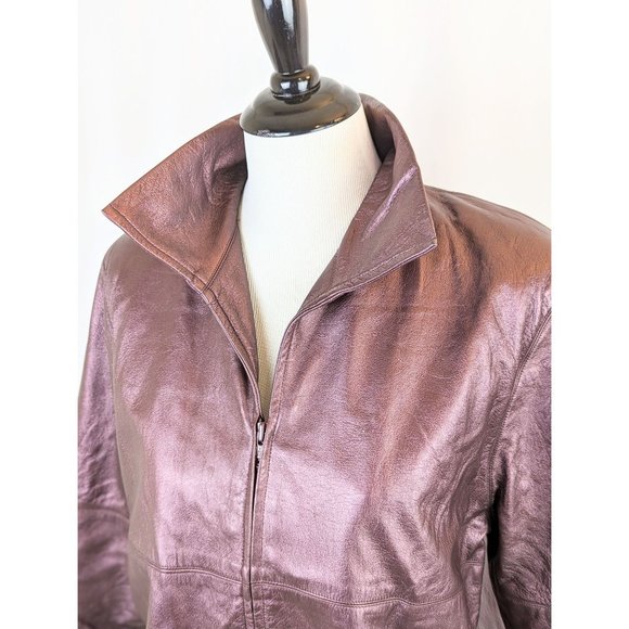 Womens Vintage Metallic Mauve Leather Jacket Ladies Small 1990s 3/4 Sleeve Coat - Picture 6 of 10